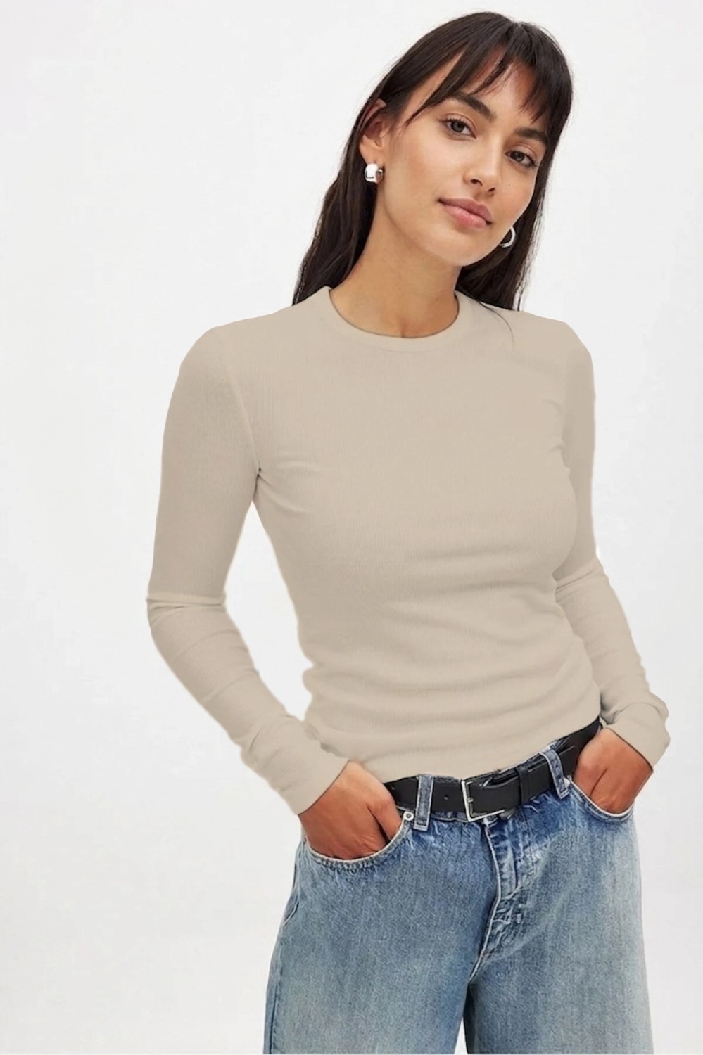 CHEISU Kadın Beyaz Uzun Kollu Bisiklet Yaka T-shirt Bluz Kaşkorse Fitilli