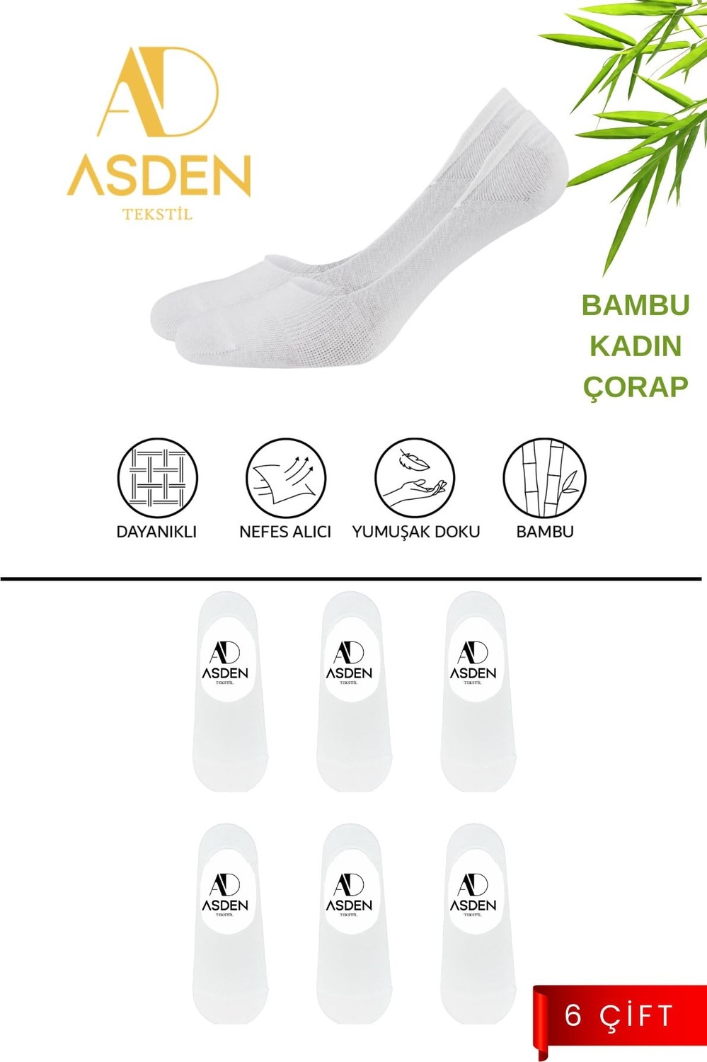 Aesco Bambu Kadın Babet Beyaz 6'lı Paket, Dikişsiz, Kaydırmaz Silikonlu Topuk görsel 2