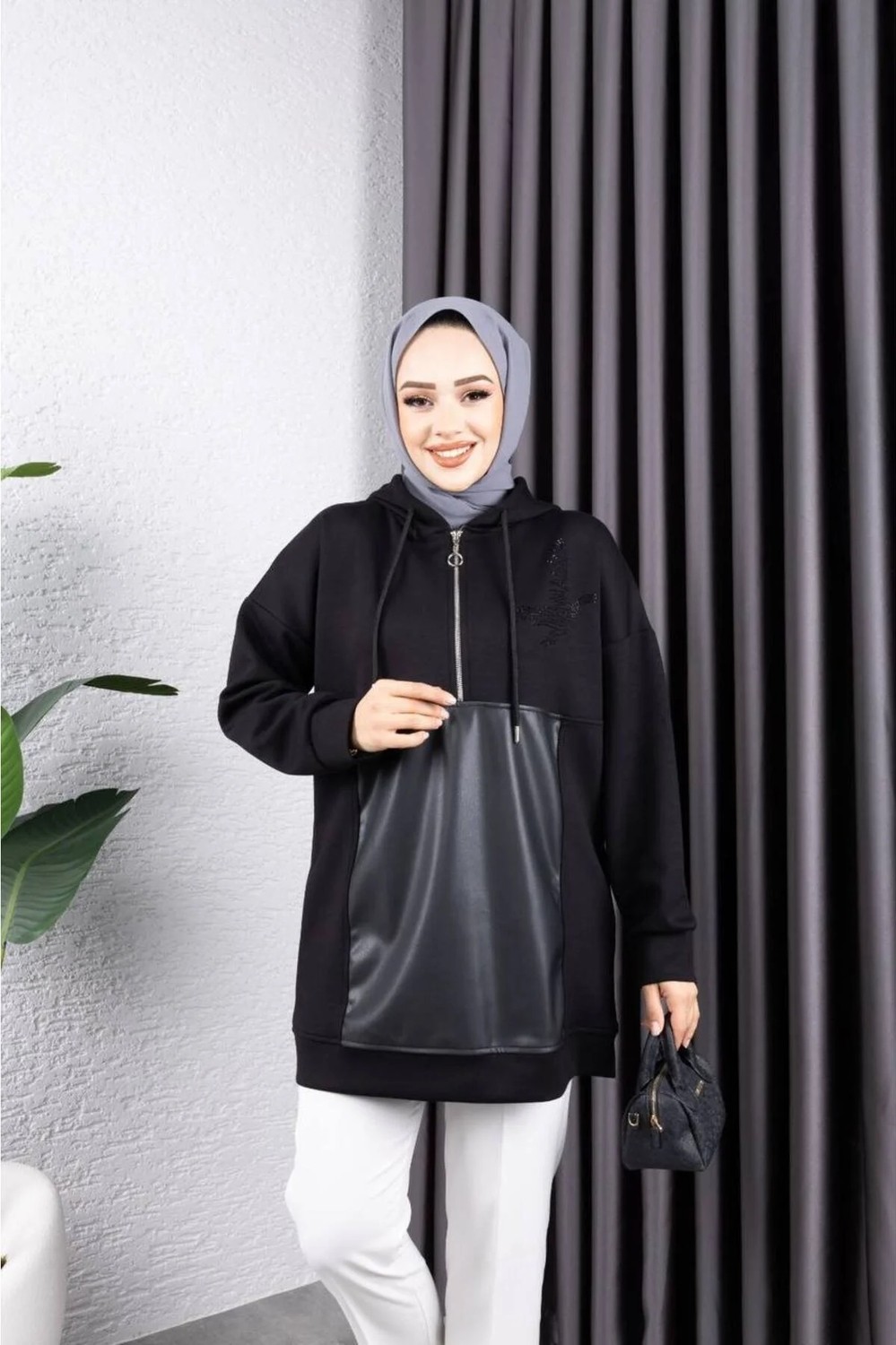 Afili Butik Kapüşonlu Fermuarlı Taş Detayli Tunik görsel 2