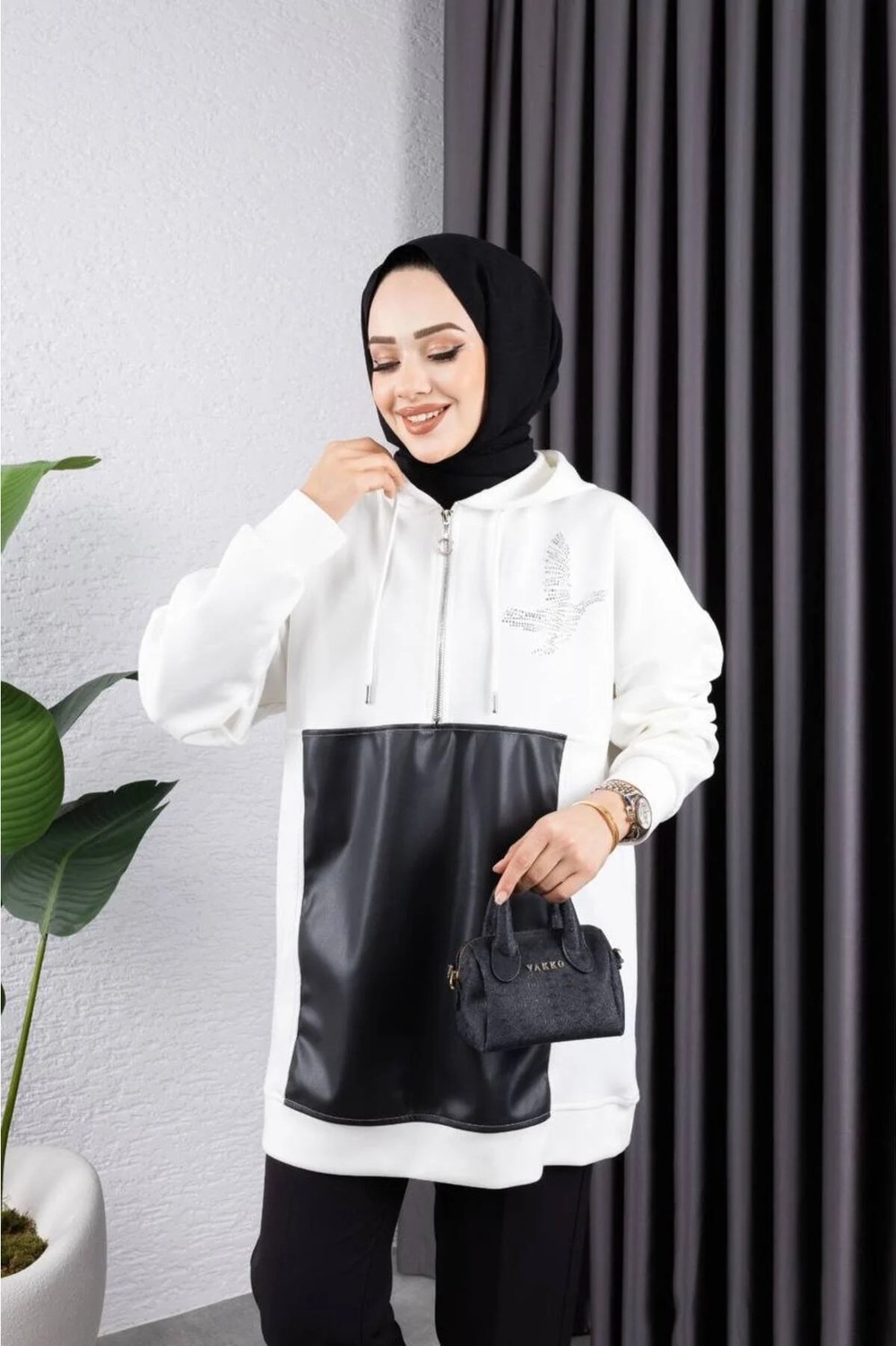 Afili Butik Kapüşonlu Fermuarlı Taş Detayli Tunik görsel 2