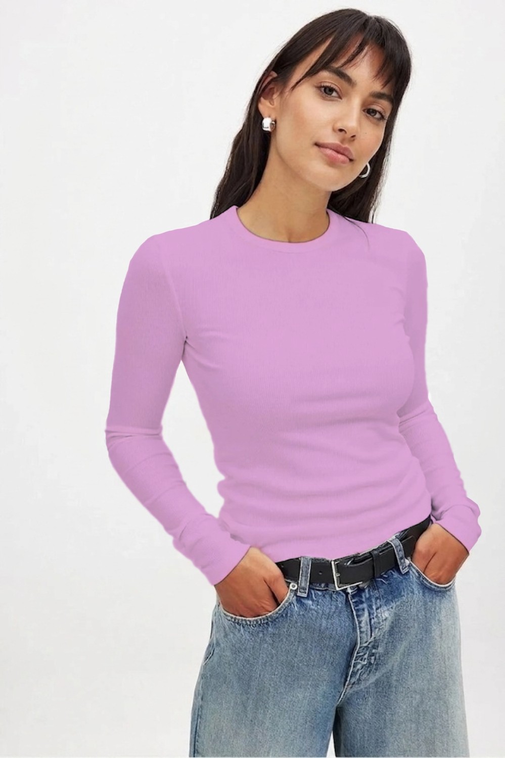 CHEISU Kadın Beyaz Uzun Kollu Bisiklet Yaka T-shirt Bluz Kaşkorse Fitilli