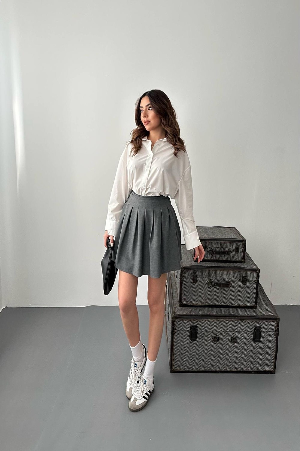 Moda Days Kadın Gri Pileli Mini Etek Yüksek Bel Düz Dokuma Günlük Şık A Kesim