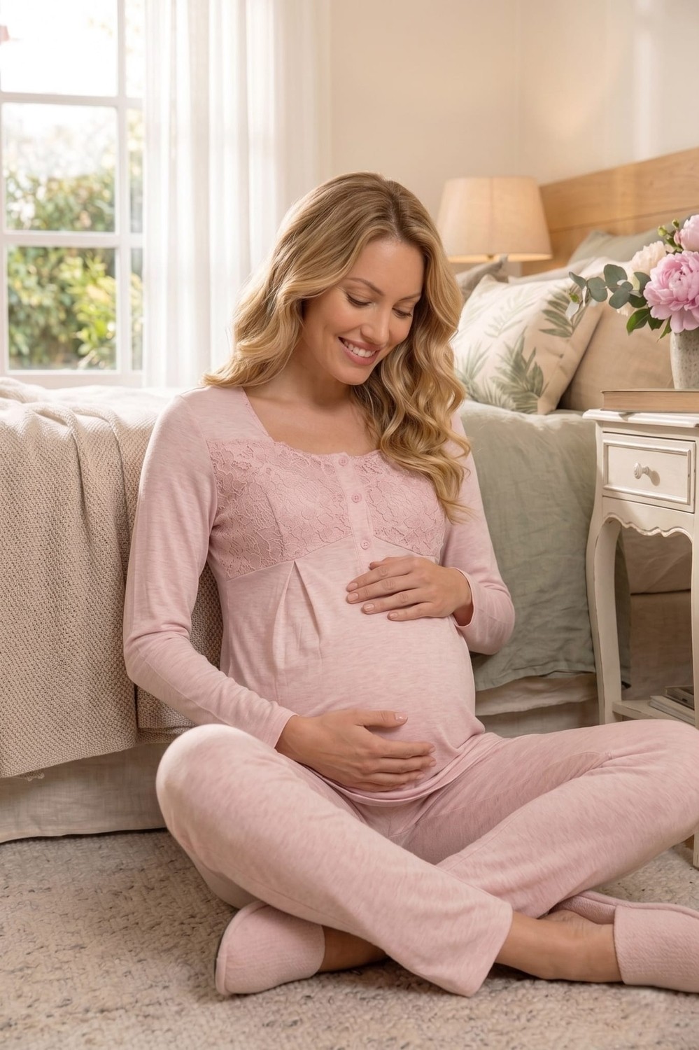 raia Yeni Sezon Yeşil Panço Dantel Sabahlıklı Yazlık Emzirme Özellikli Özel Tasarım Lohusa Hamile Sabahlıklı Pijama Takımı Seti görsel 5