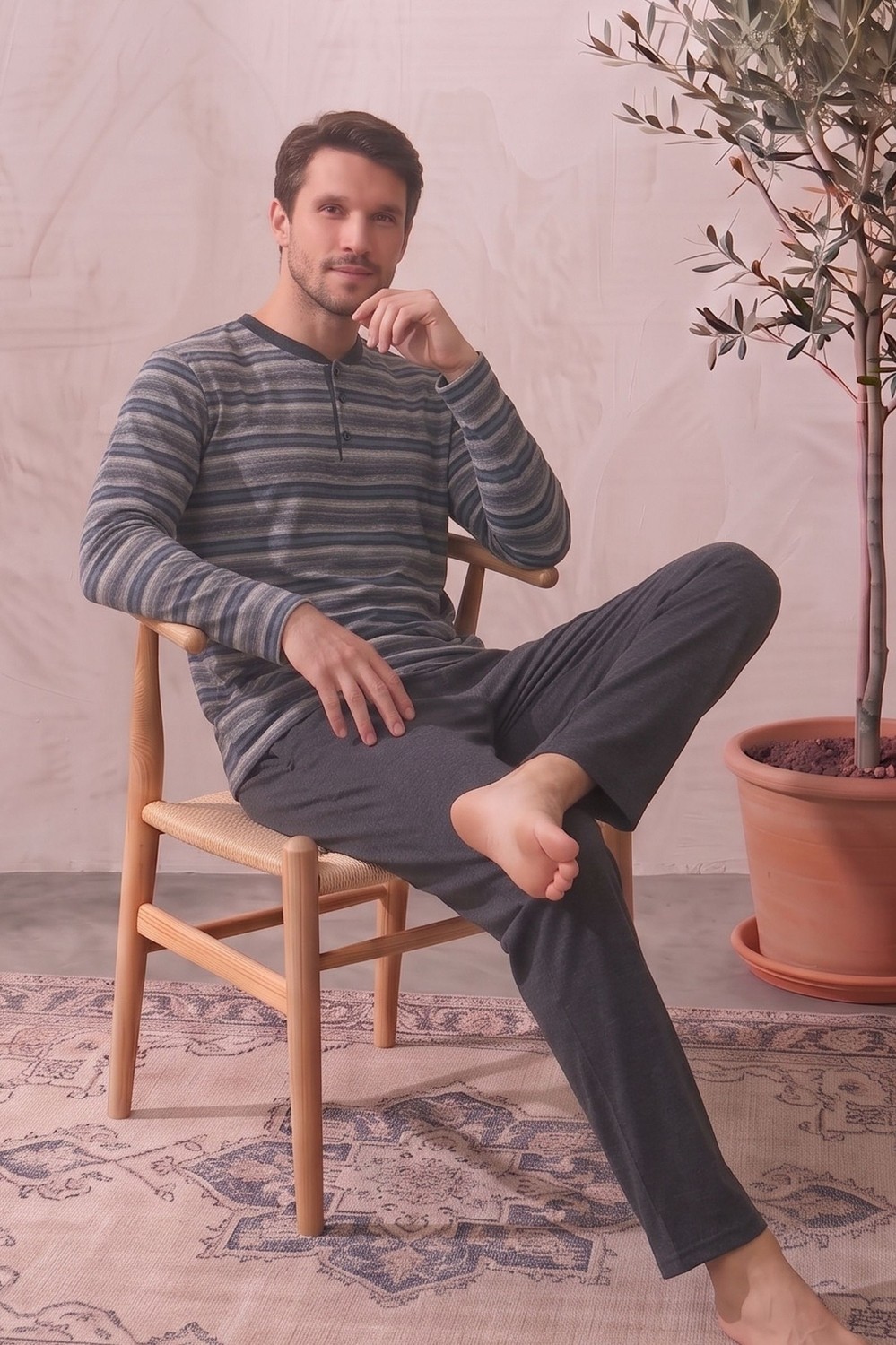 Farya Home Pamuklu Düğmeli Yaka Uzun Kollu Çizgili Erkek Pijama Takımı
