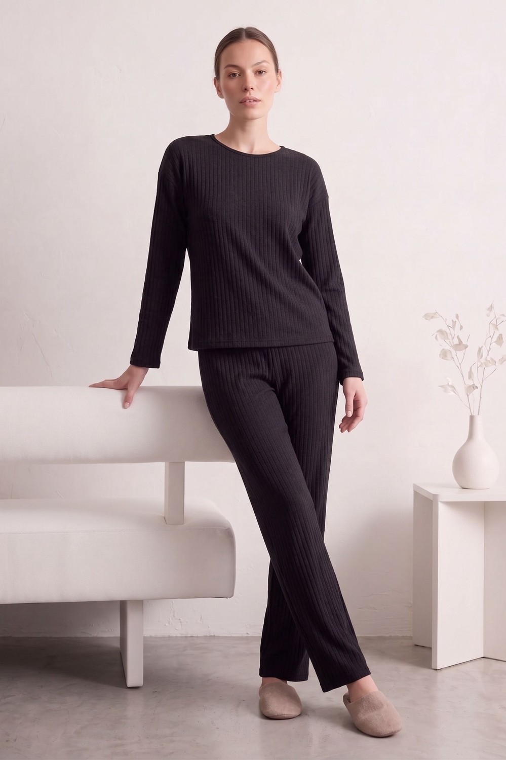 Farya Home Pamuklu Şeritli Kışlık Yumuşak Tuşe Interlok Örme Pijama Takımı görsel 2