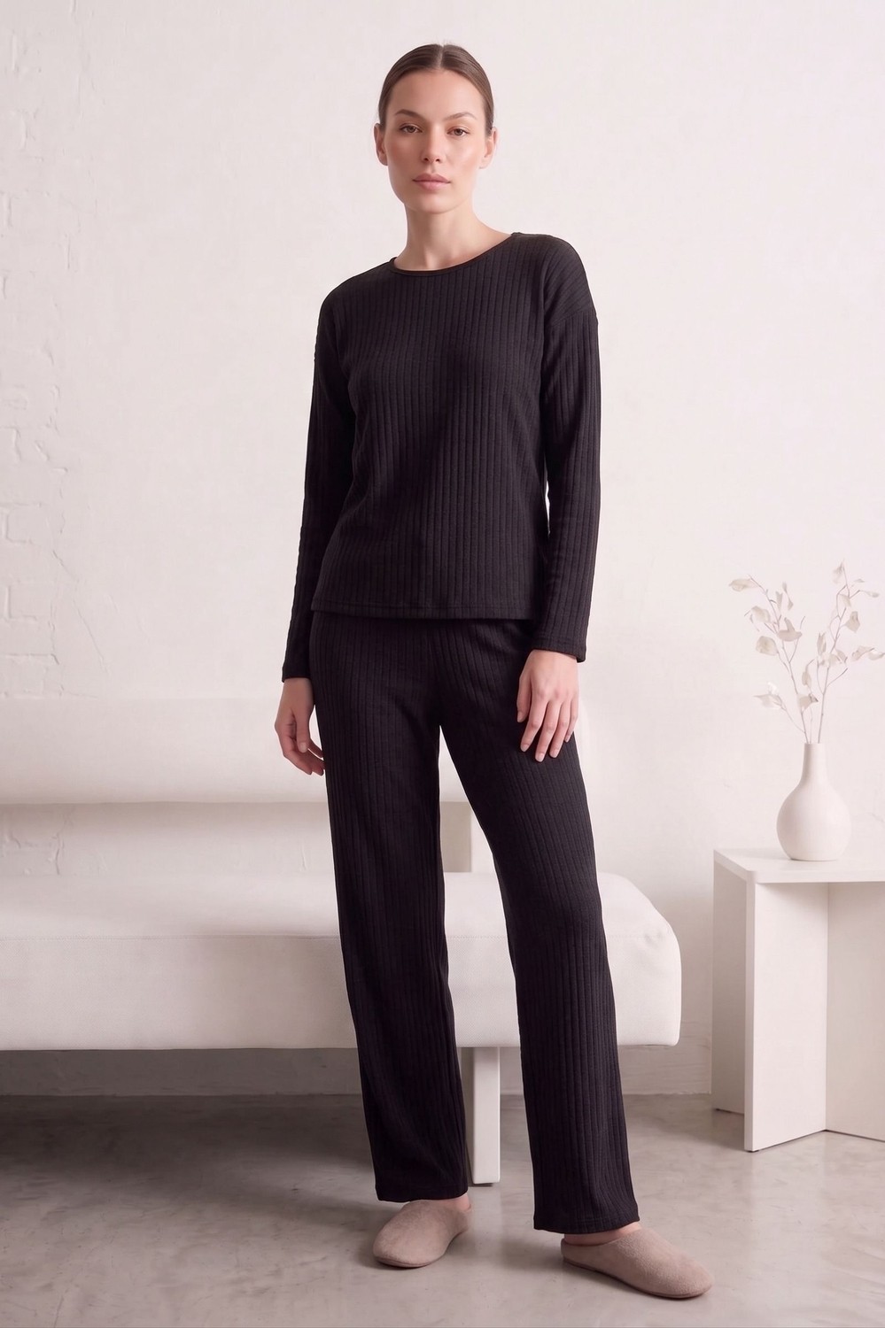 Farya Home Pamuklu Şeritli Kışlık Yumuşak Tuşe Interlok Örme Pijama Takımı görsel 4