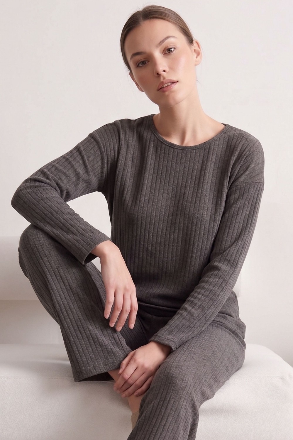Farya Home Pamuklu Şeritli Kışlık Yumuşak Tuşe Interlok Örme Pijama Takımı