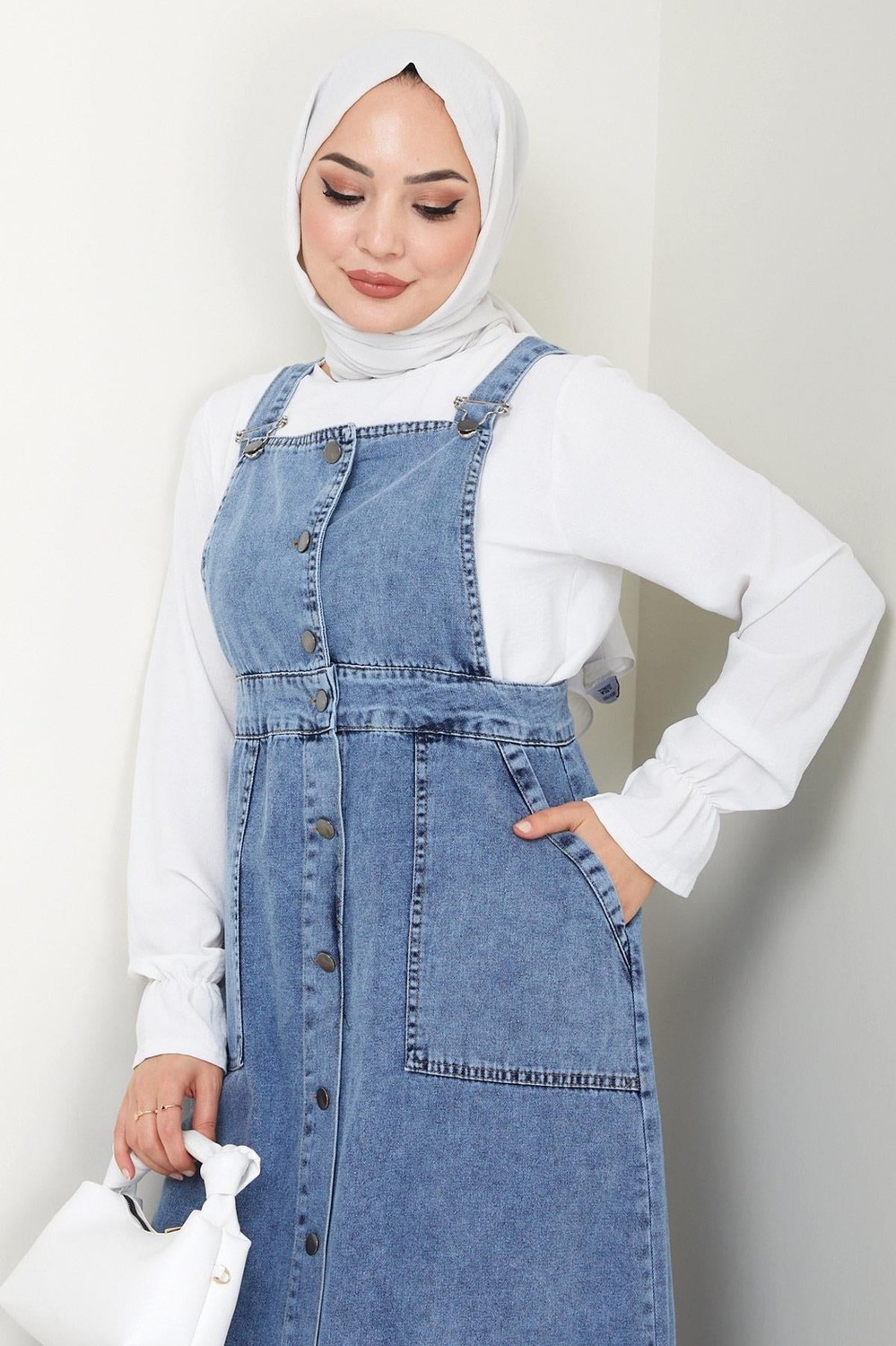 Hafsa Mina Düğmeli Kot Salopet Elbise Mavi HM22456 Likrasız Kumaşla Şık Tasarım görsel 6
