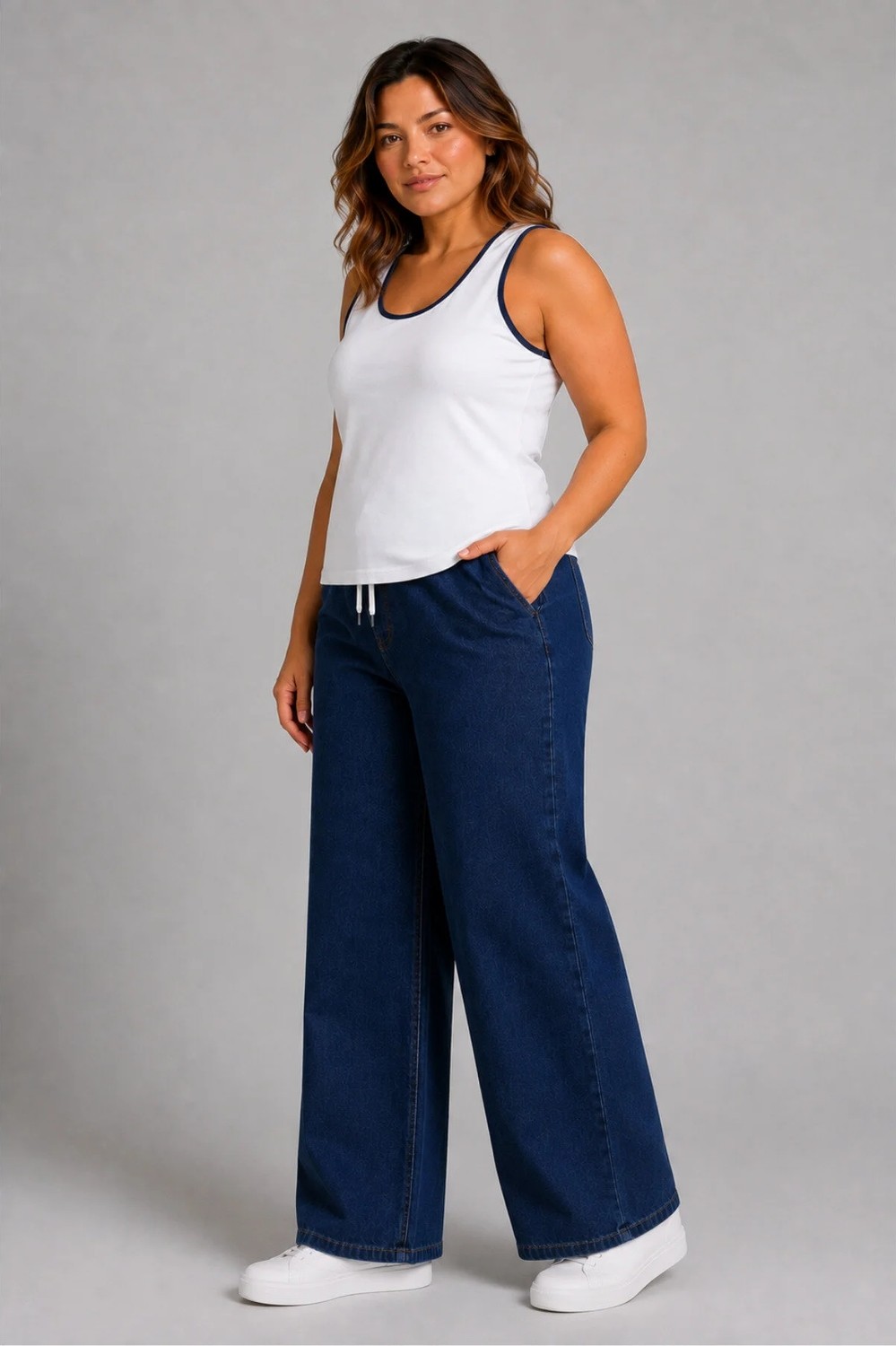 Banega Curve Kadın Büyük Beden Esnek Kumaş Lastikli Yüksek Bel Ipli Cepli Bol Paça Jeans Kot Pantolon