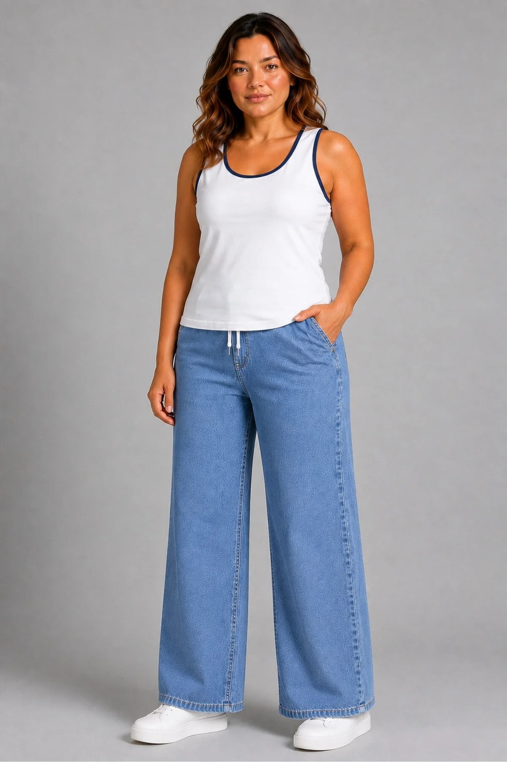 Banega Curve Kadın Büyük Beden Esnek Kumaş Lastikli Yüksek Bel Ipli Cepli Bol Paça Jeans Kot Pantolon