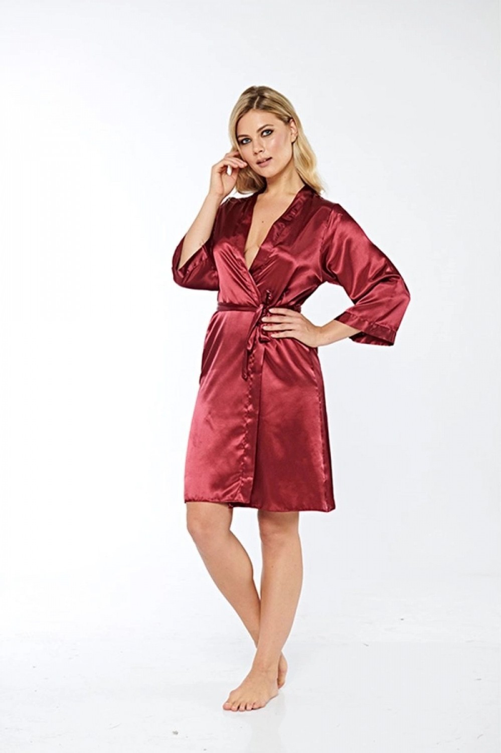 Pileli Store Bordo Ipek Saten Sabahlık - 14004