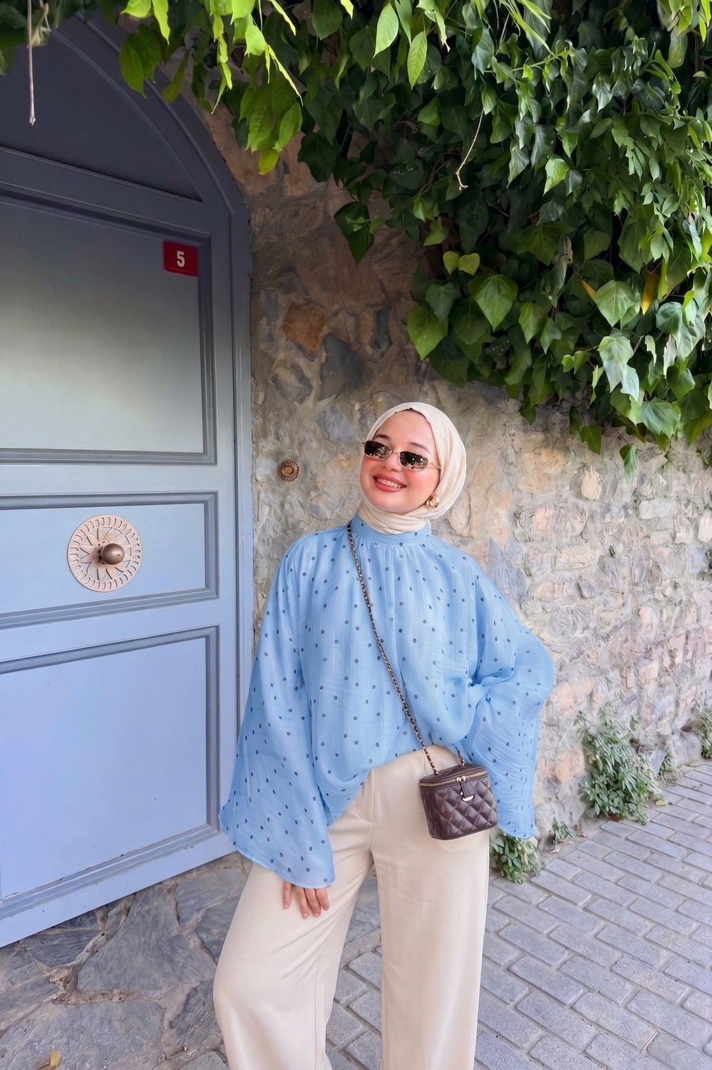 Trendparis Puantiyeli Şifon Robalı Yarasa Kol Bluz Mavi