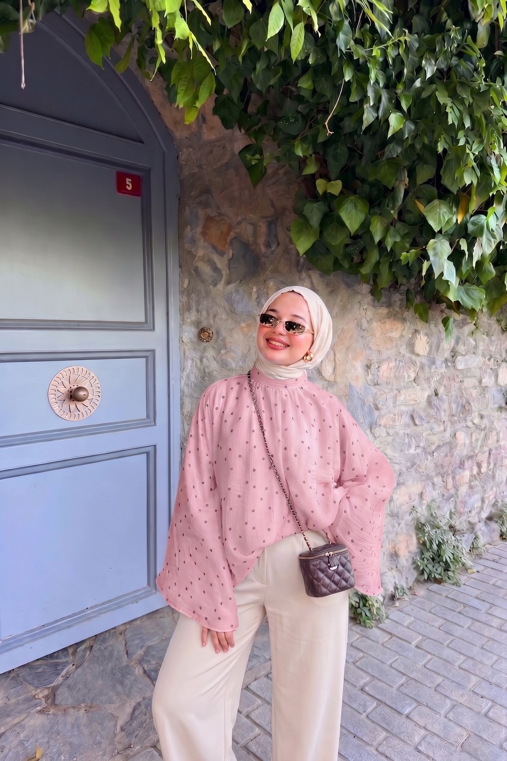 Trendparis Puantiyeli Şifon Robalı Yarasa Kol Bluz Mavi görsel 5