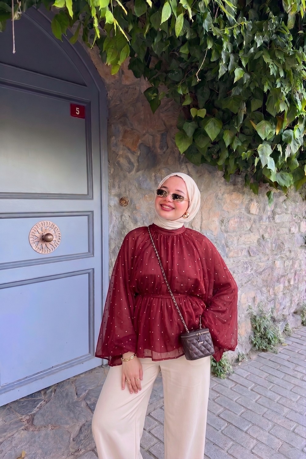 Trendparis Puantiyeli Şifon Robalı Yarasa Kol Bluz Mavi görsel 4