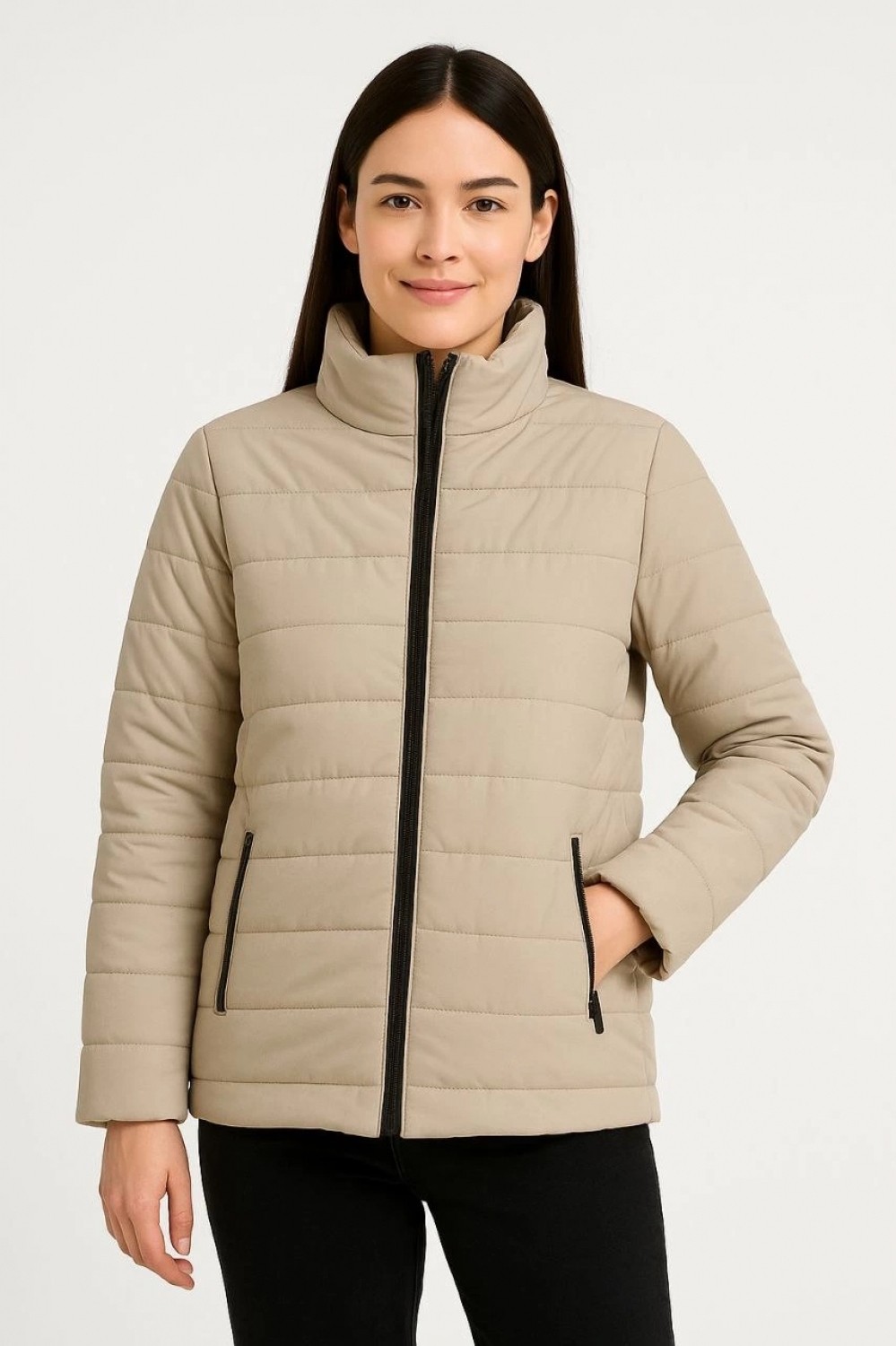 Pileli Store Bomber Mont Ceket, Su Itici Kumaş, Kapitone Astarlı, Fermuarlı, Kışlık - Bej - görsel 5