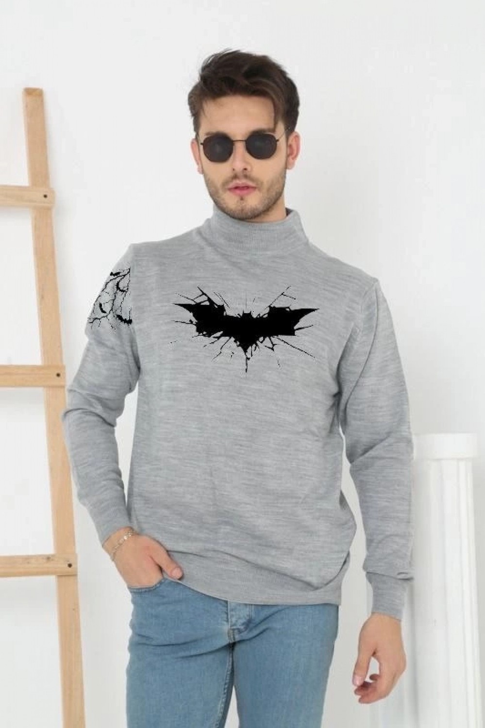Pileli Store Yarım Boğazlı Baskılı Dokuma Triko -Gri