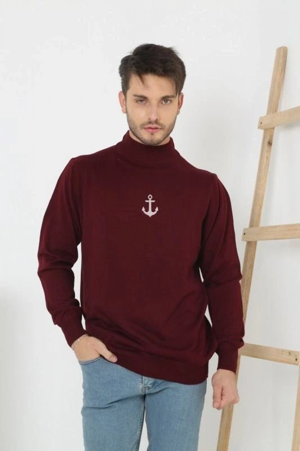 Pileli Store Yarım Boğazlı Baskılı Dokuma Triko - Bordo