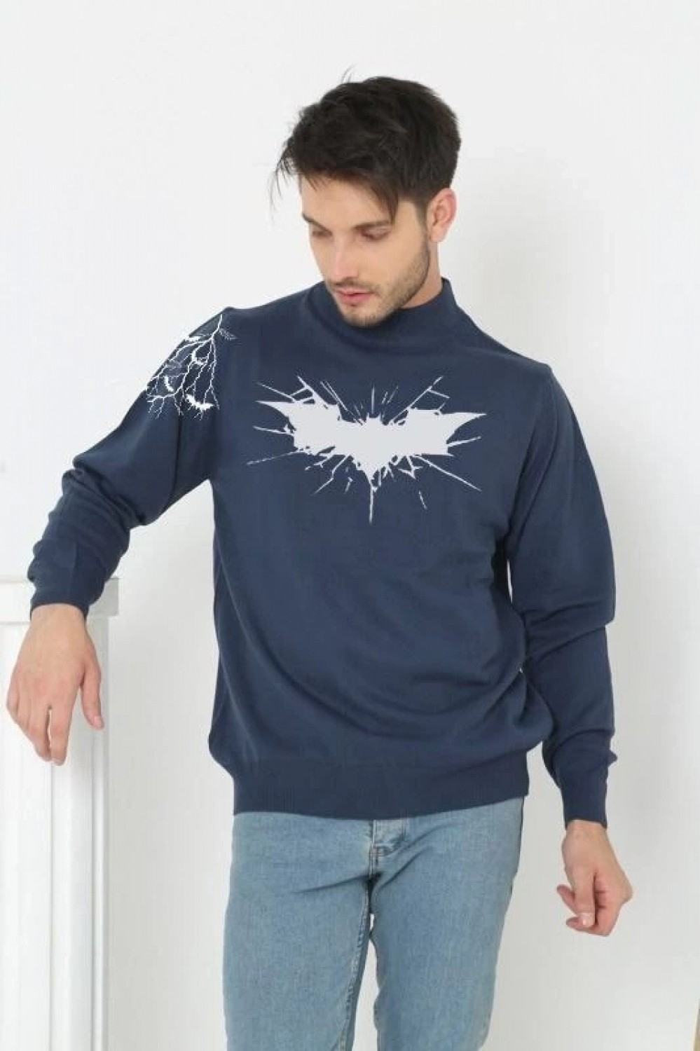 Pileli Store Yarım Boğazlı Baskılı Dokuma Triko -Indigo