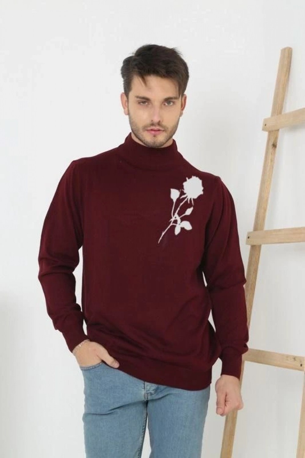 Pileli Store Baskılı Yarım Boğazlı Uzun Kol Dokuma Triko - Bordo