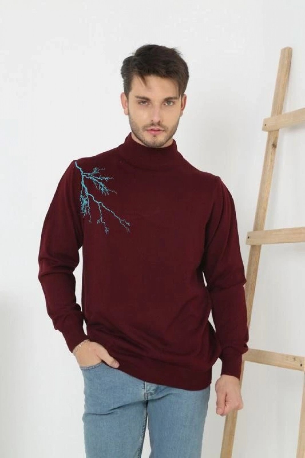 Pileli Store Yarım Boğazlı Baskılı Dokuma Triko - Bordo