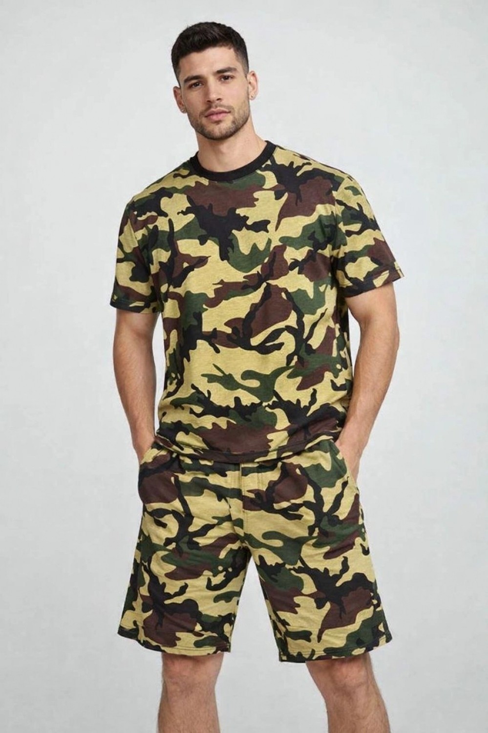 Pileli Store Erkek Kamuflaj Desenli Tişört Şort Takım Regular Fit Spor 2’li - Kamuflaj görsel 4
