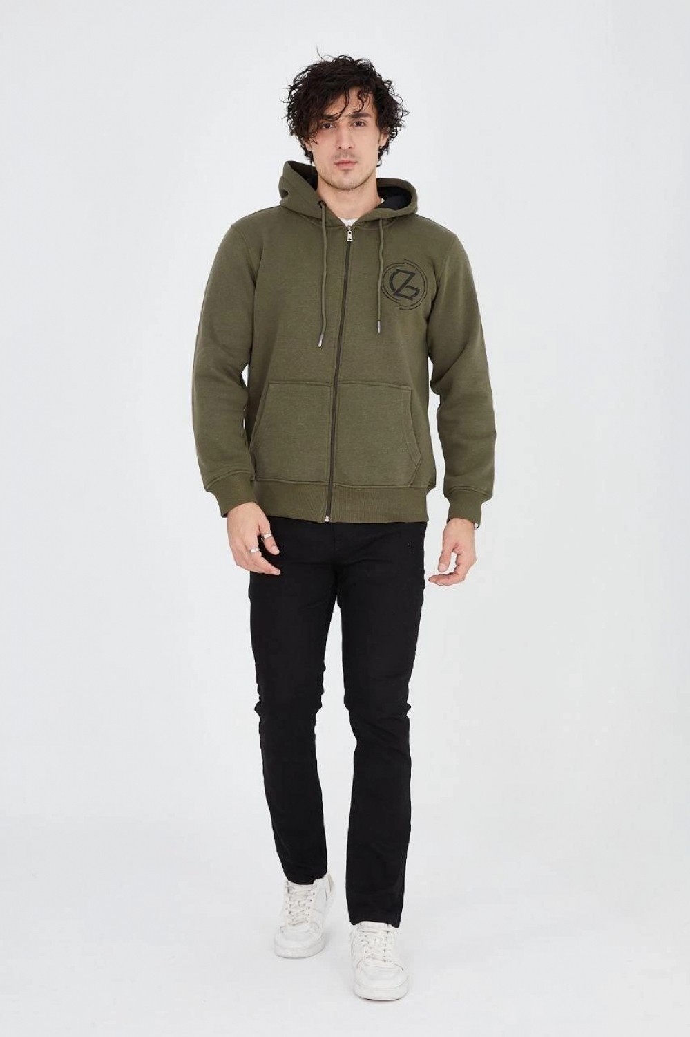 Pileli Store Erkek 3 Iplik Pamuklu Fermuarlı Kapüşonlu Kanguru Cepli Baskılı Hoodie Hırka Sweatshirt - Yeşil