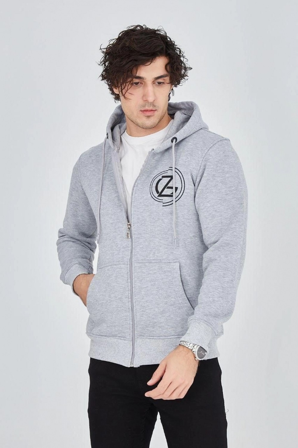 Pileli Store Erkek 3 Iplik Pamuklu Fermuarlı Kapüşonlu Kanguru Cepli Baskılı Hoodie Hırka Sweatshirt -Gri görsel 4