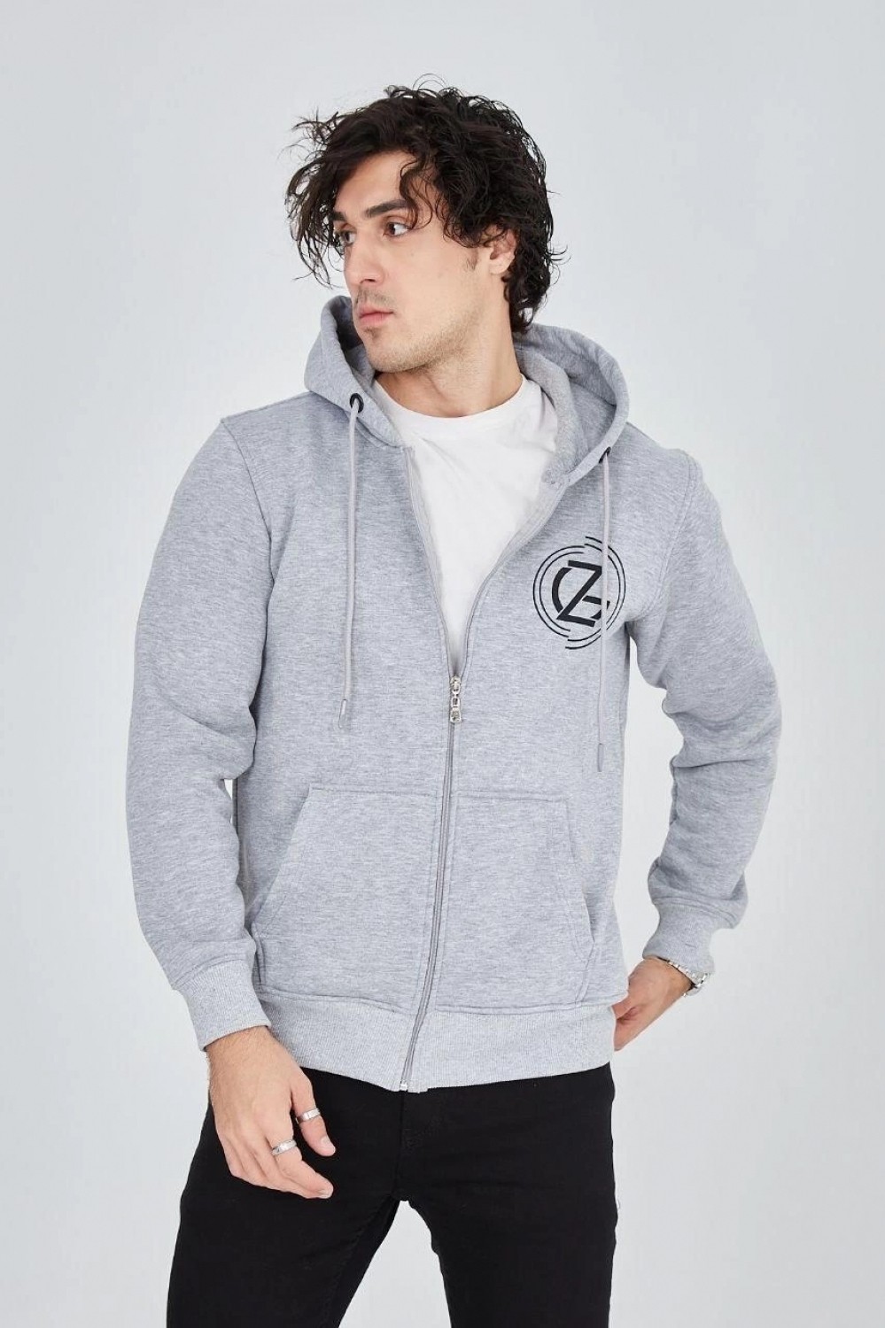 Pileli Store Erkek 3 Iplik Pamuklu Fermuarlı Kapüşonlu Kanguru Cepli Baskılı Hoodie Hırka Sweatshirt -Gri görsel 5