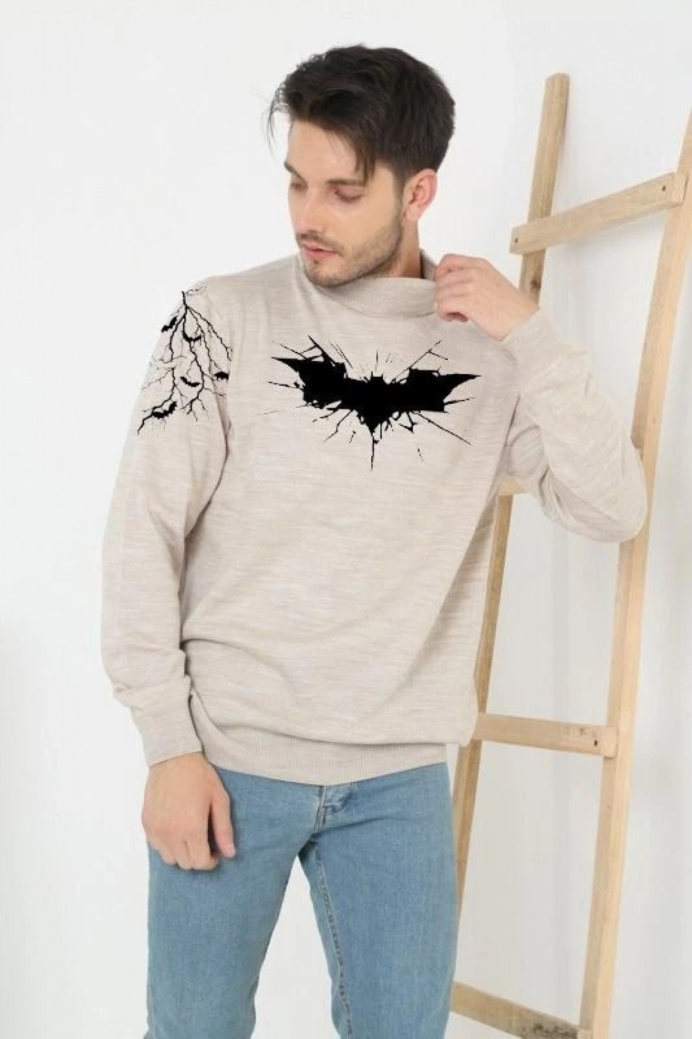 Pileli Store Erkek Yarım Bağazlı Kazak Baskılı Dokuma Triko - Bej