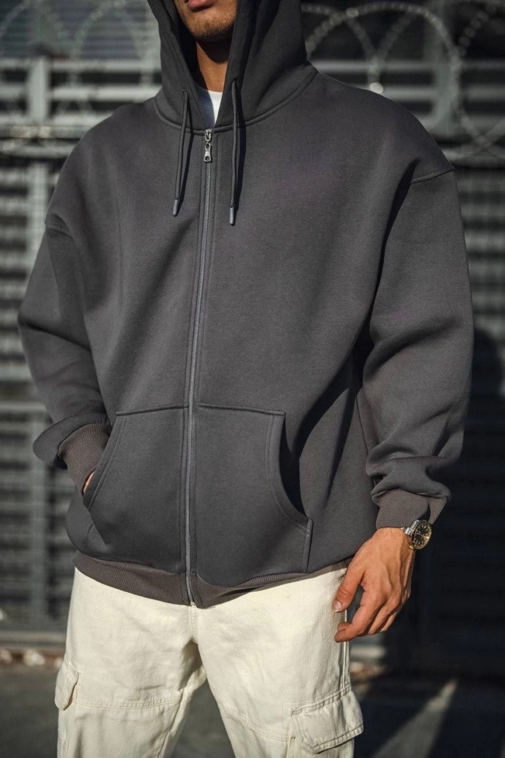 Pileli Store Erkek Tam Fermuarlı Cepli Kapüşonlu 3 Iplik Pamuklu Hoodie Sweatshirt - Füme görsel 3