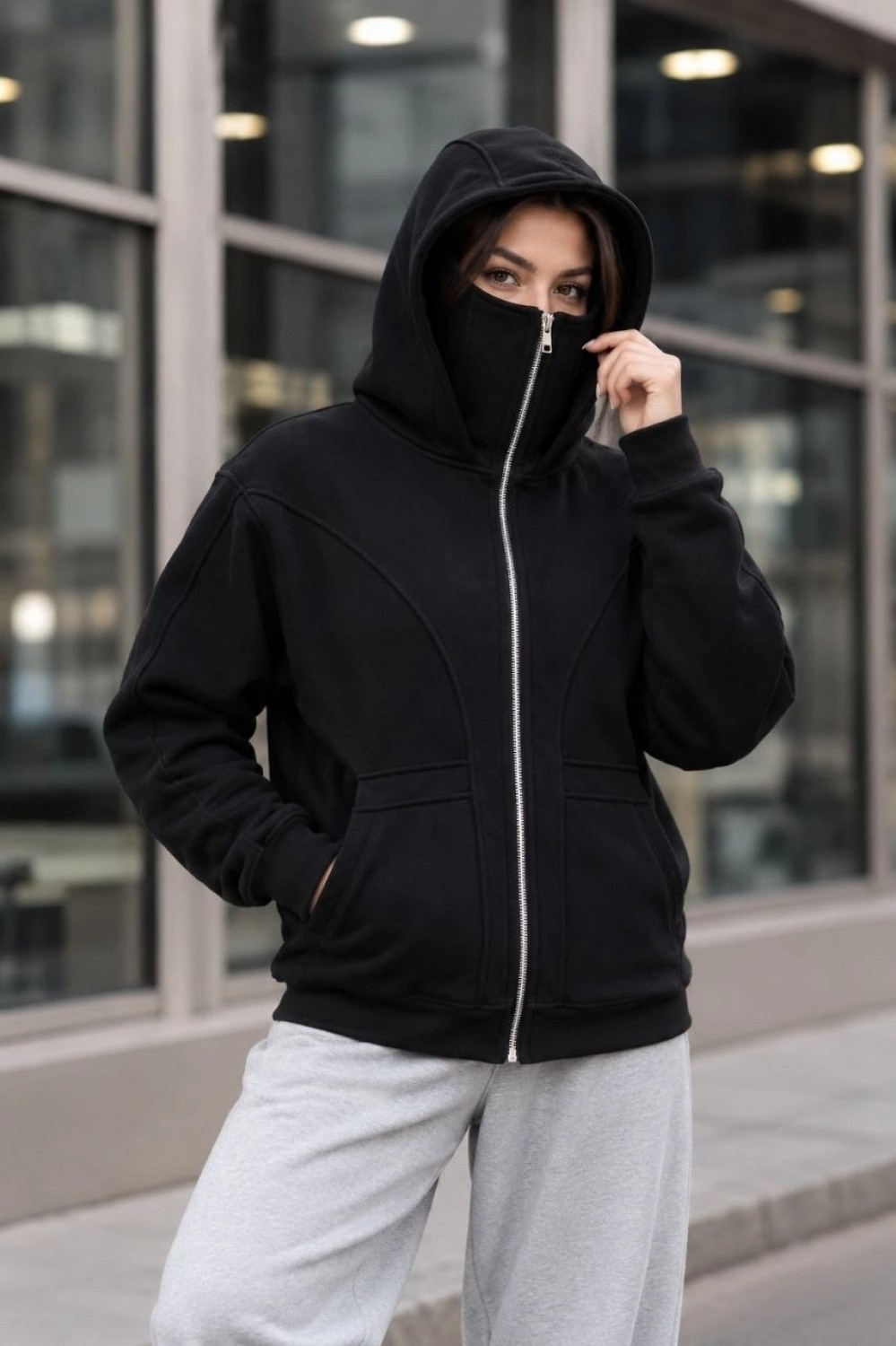 Pileli Store Kadın Maskeli Ninja Model Çift Kapüşonlu 3 Iplik Şardonlu Fermuarlı Oversize Sweatshirt - Siyah