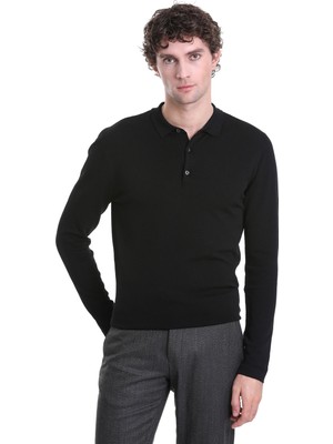 Hatemoğlu Siyah Regular Fit Düz Polo Yaka Yünlü Triko Kazak