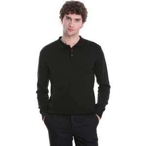 Siyah Regular Fit Düz Polo Yaka Triko Kazak