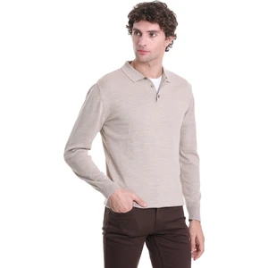 Bej Regular Fit Düz Polo Yaka Triko Kazak