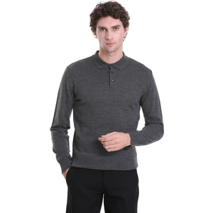 Gri Regular Fit Düz Polo Yaka Triko Kazak