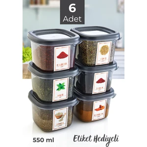 Grimor Life 6 Adet Sızdırmaz Kare Etiketli Baharatlık Erzak Bakliyat Baharat Saklama Kabı Seti 550 ml Füme