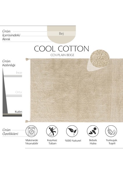 Cool Cotton Ccn Plain Beige Makinede Yıkanabilir Kaymaz Tabanlı Naturel Pamuk Dokuma Bebek Halısı