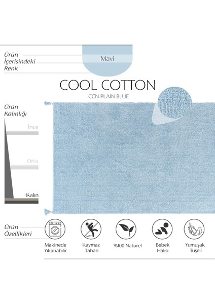 Cool Cotton Ccn Plain Blue Makinede Yıkanabilir Kaymaz Tabanlı Naturel Pamuk Dokuma Bebek Halısı