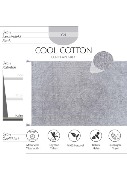 Cool Cotton Ccn Plain Grey Makinede Yıkanabilir Kaymaz Tabanlı Naturel Pamuk Dokuma Bebek Halısı fiyatları