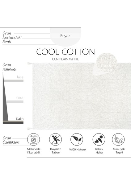 Cool Cotton Ccn Plain White Makinede Yıkanabilir Kaymaz Tabanlı Naturel Pamuk Dokuma Bebek Halısı