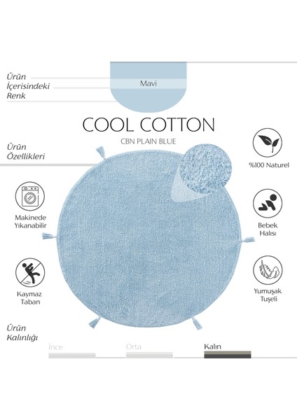 Cool Cotton Ccn Plain Blue Yıkanabilir Kaymaz Tabanlı Naturel Pamuk Dokuma Yuvarlak Bebek Halısı