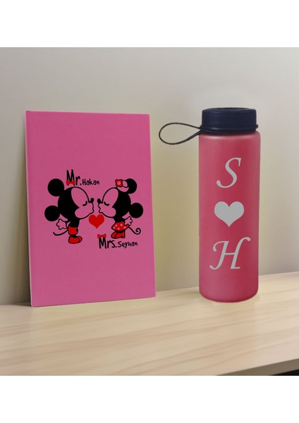 Sevgiliye Özel İsimli Pembe Defter ve Fuşya Cam Matara