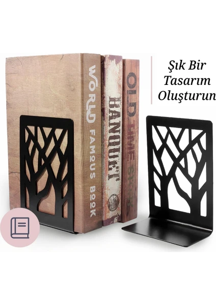 3Art Metal Ağaç Desenli Dekoratif Kitap Tutucu - Metal Kitap Ayracı - Kitap Standı 2'li Set