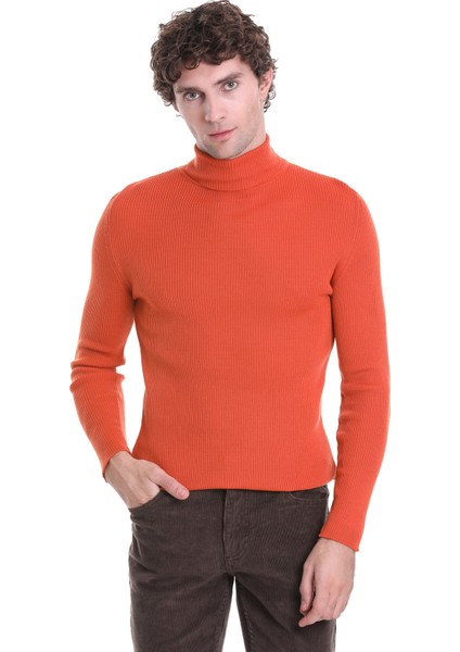 Turuncu Slim Fit Fitilli Balıkçı Yaka Yünlü Triko Kazak