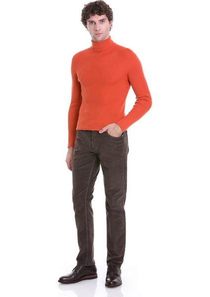 Turuncu Slim Fit Fitilli Balıkçı Yaka Yünlü Triko Kazak fiyatları