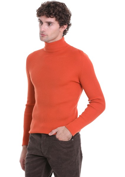 Turuncu Slim Fit Fitilli Balıkçı Yaka Yünlü Triko Kazak modelleri