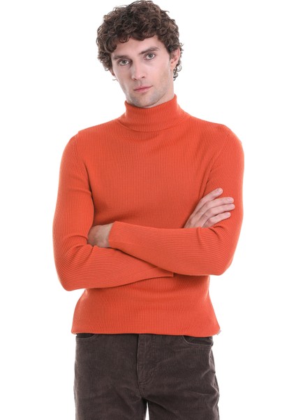 Turuncu Slim Fit Fitilli Balıkçı Yaka Yünlü Triko Kazak fırsatları