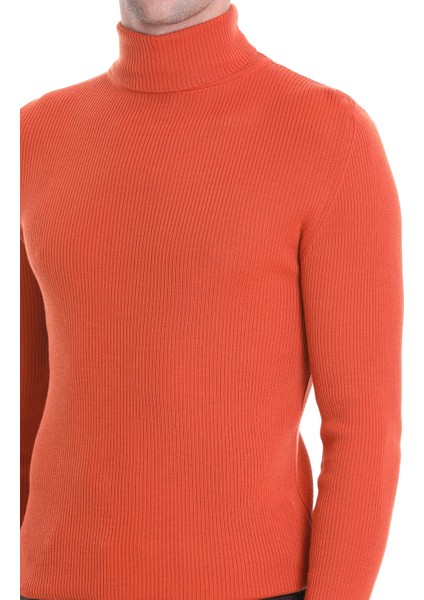 Turuncu Slim Fit Fitilli Balıkçı Yaka Yünlü Triko Kazak indirimleri