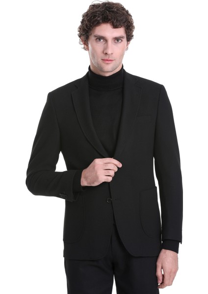 Siyah Comfort Fit Desenli Mono Yaka Casual Ceket