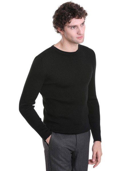 Siyah Slim Fit Fitilli Bisiklet Yaka Yünlü Triko Kazak modelleri